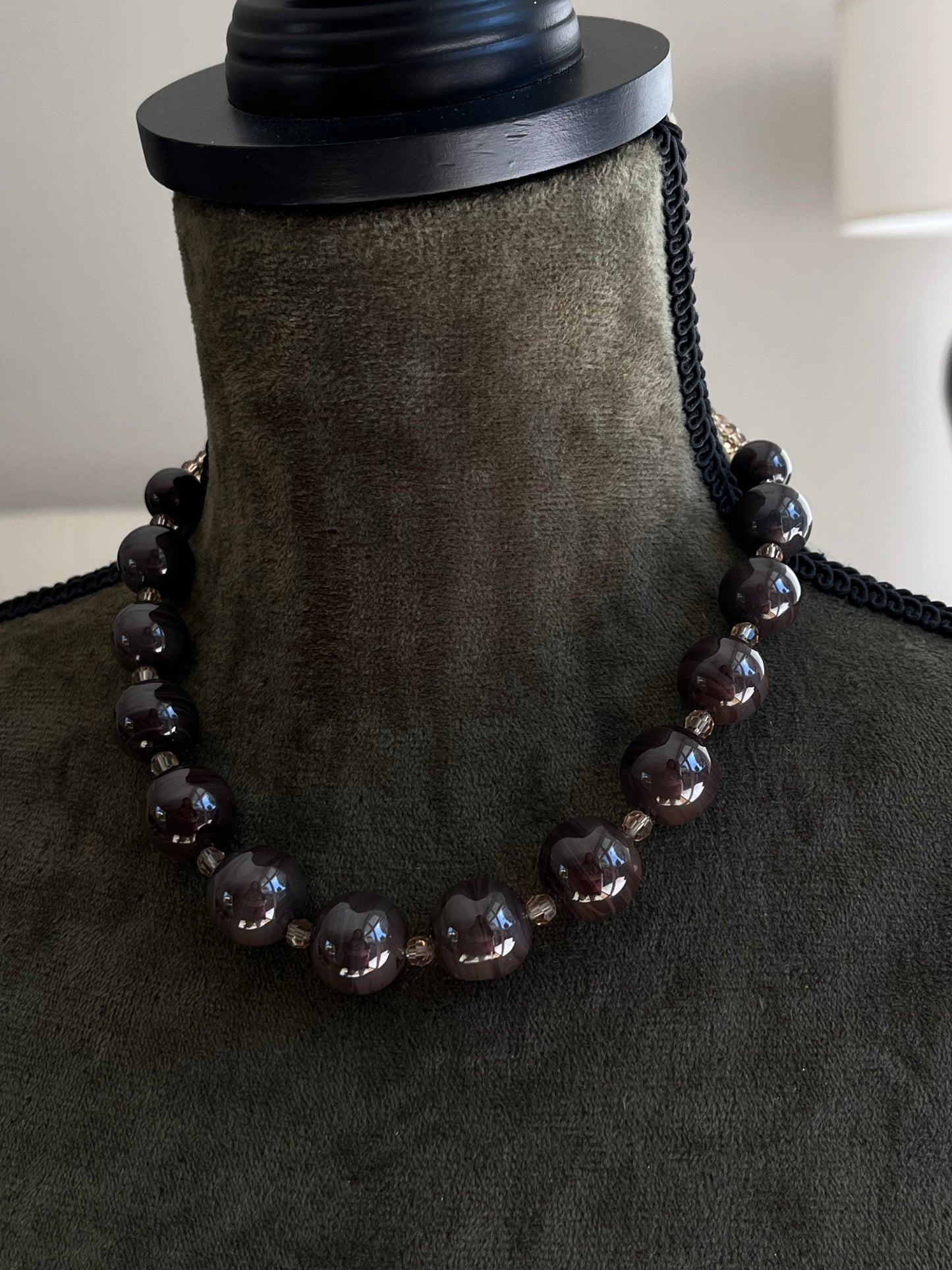 Vintage Christian Dior 1960 Purplish Gray Round Swirly Glass Bead Statement Necklace