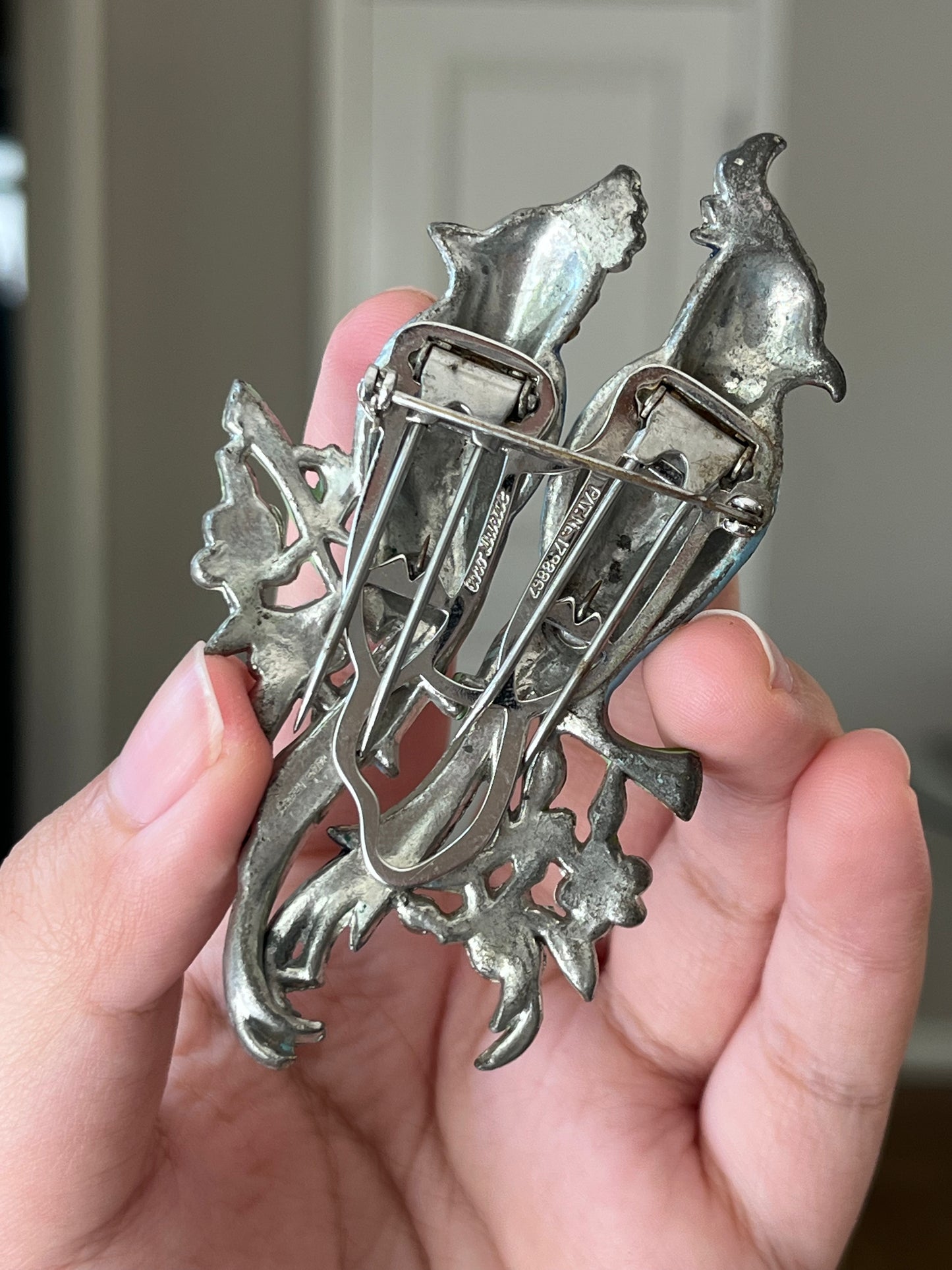 Vintage Coro Duette "Love Birds" Book Piece Parrot Blue Enamel Rhinestone Silver-Tone Brooch Fur Clip