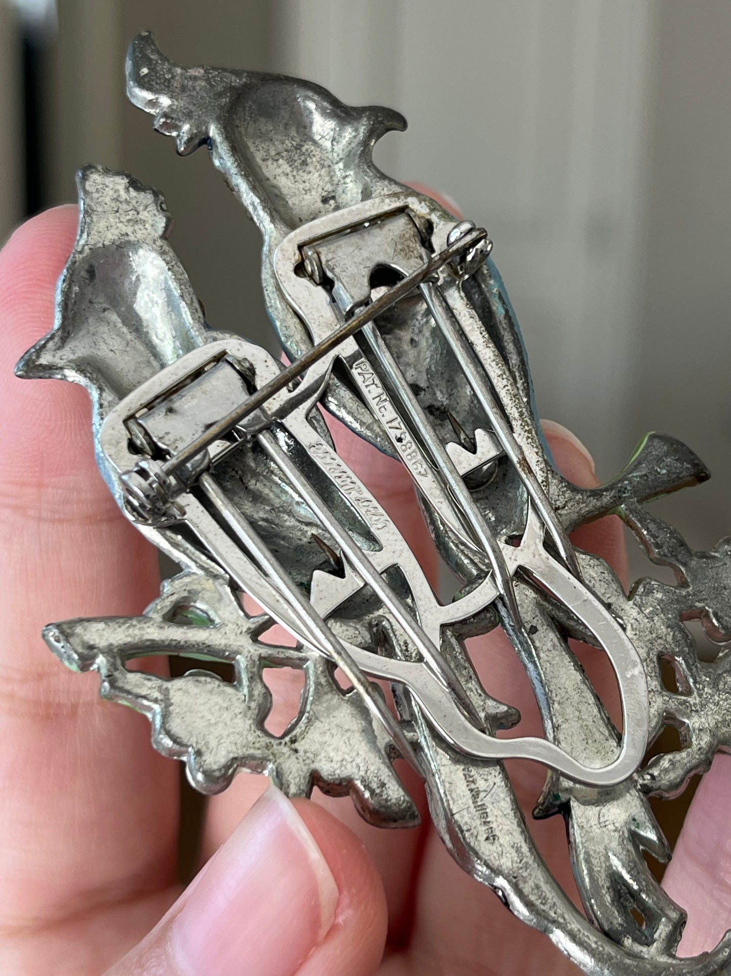 Vintage Coro Duette "Love Birds" Book Piece Parrot Blue Enamel Rhinestone Silver-Tone Brooch Fur Clip