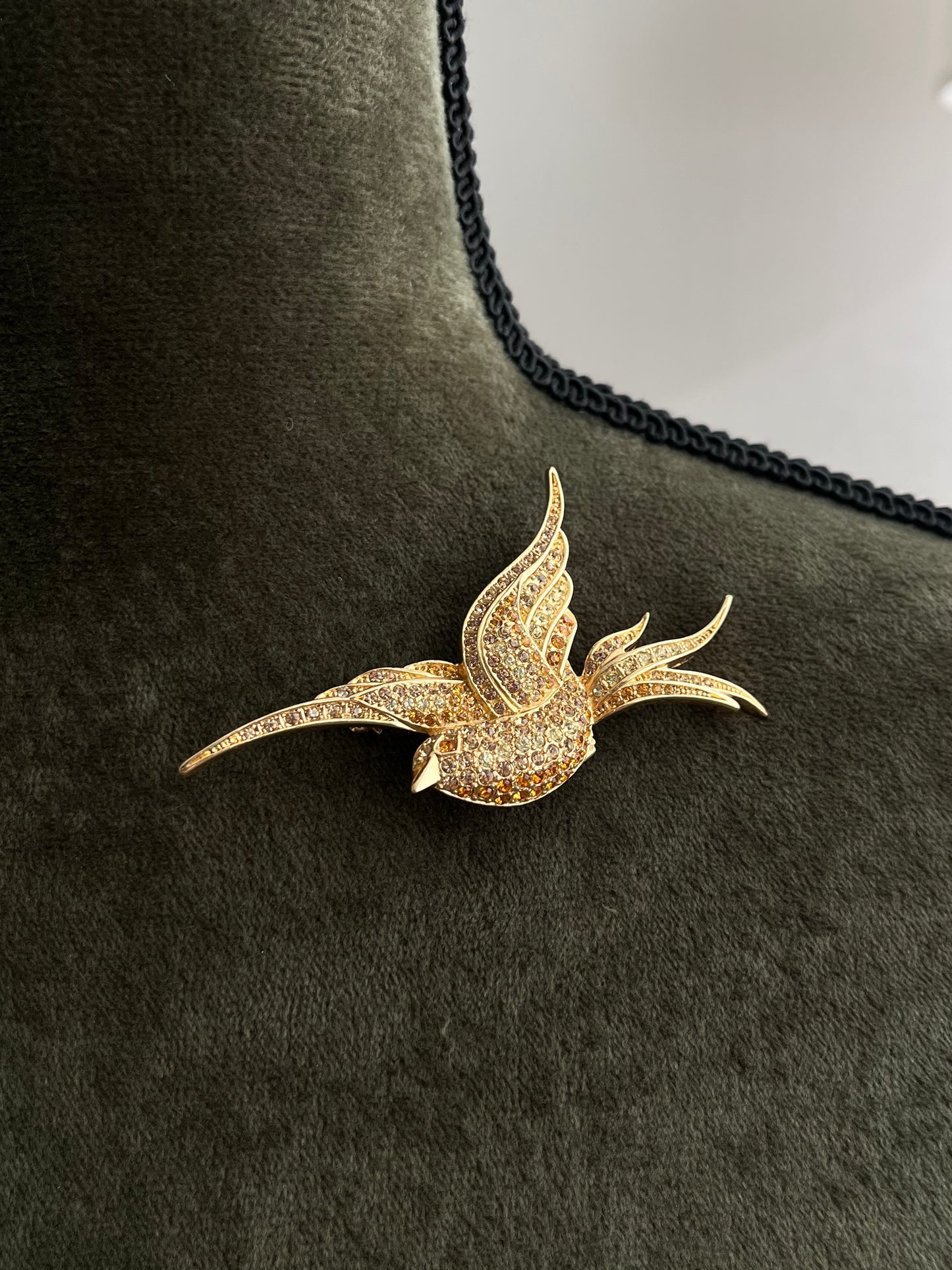 Vintage Christian Dior "Swallow" Bird Yellow Orange Rhinestone Pavé Gold-Tone Brooch