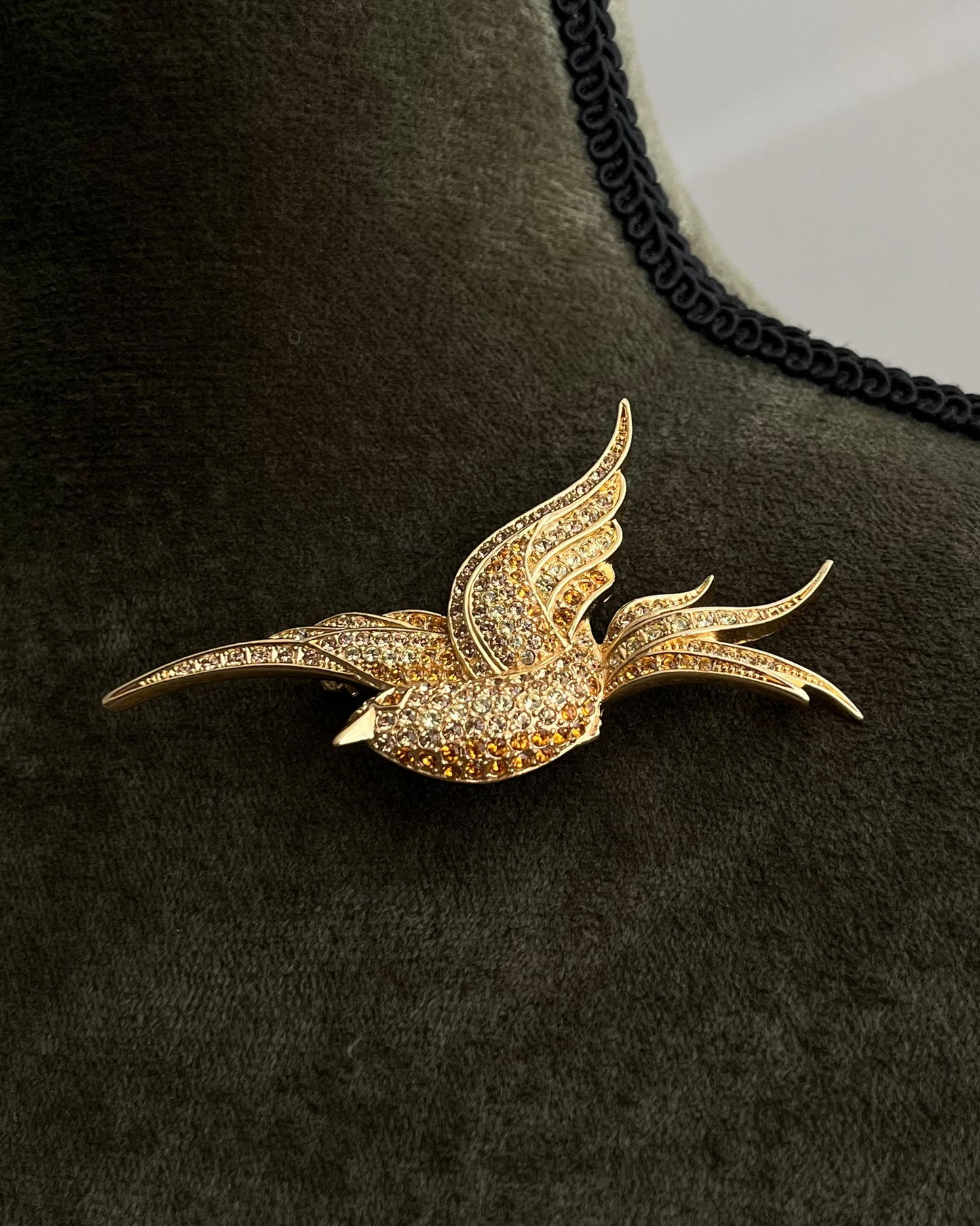 Vintage Christian Dior "Swallow" Bird Yellow Orange Rhinestone Pavé Gold-Tone Brooch