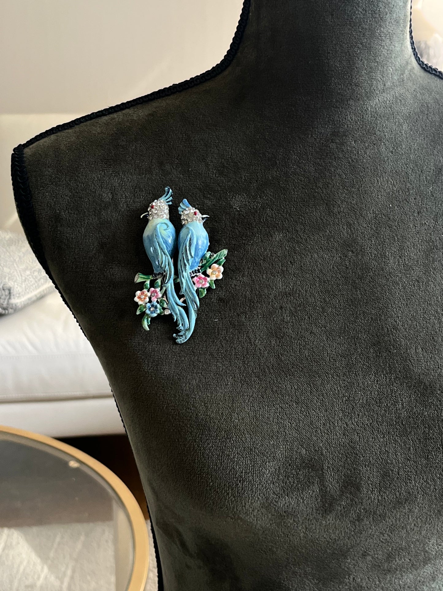 Vintage Coro Duette "Love Birds" Book Piece Parrot Blue Enamel Rhinestone Silver-Tone Brooch Fur Clip