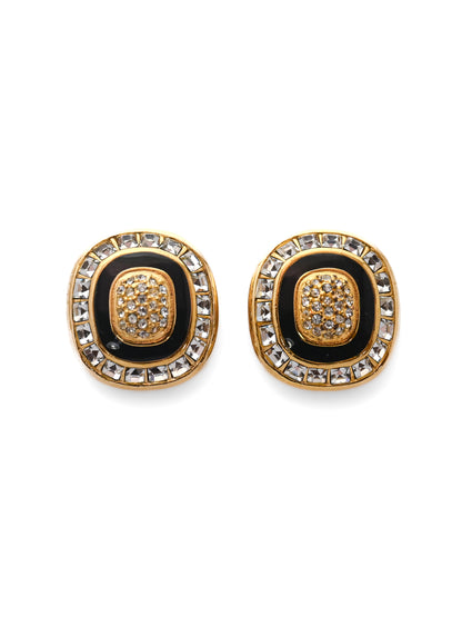 Dior Black Enamel Rounded Square Clip Earrings