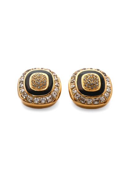 Dior Black Enamel Rounded Square Clip Earrings