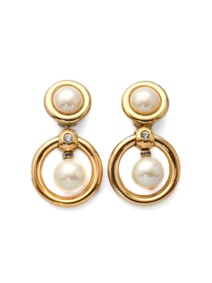 Dior Pearl Hollow Circle Drop Clip Earrings