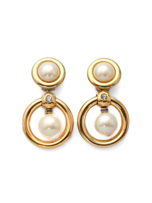 Dior Pearl Hollow Circle Drop Clip Earrings