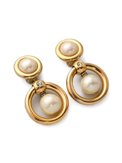 Dior Pearl Hollow Circle Drop Clip Earrings