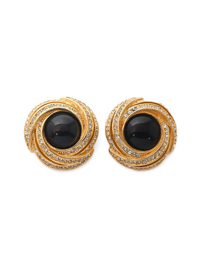 Dior Black Glass Round Swirly Clip Earrings
