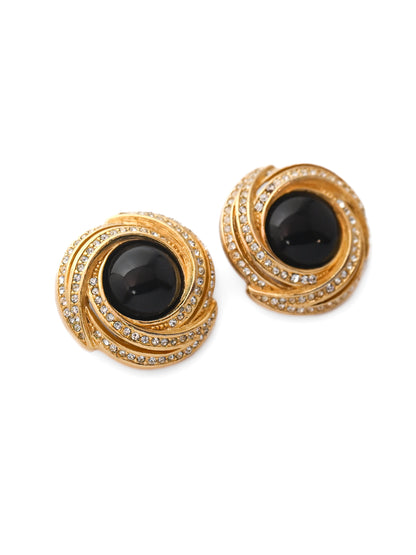 Dior Black Glass Round Swirly Clip Earrings