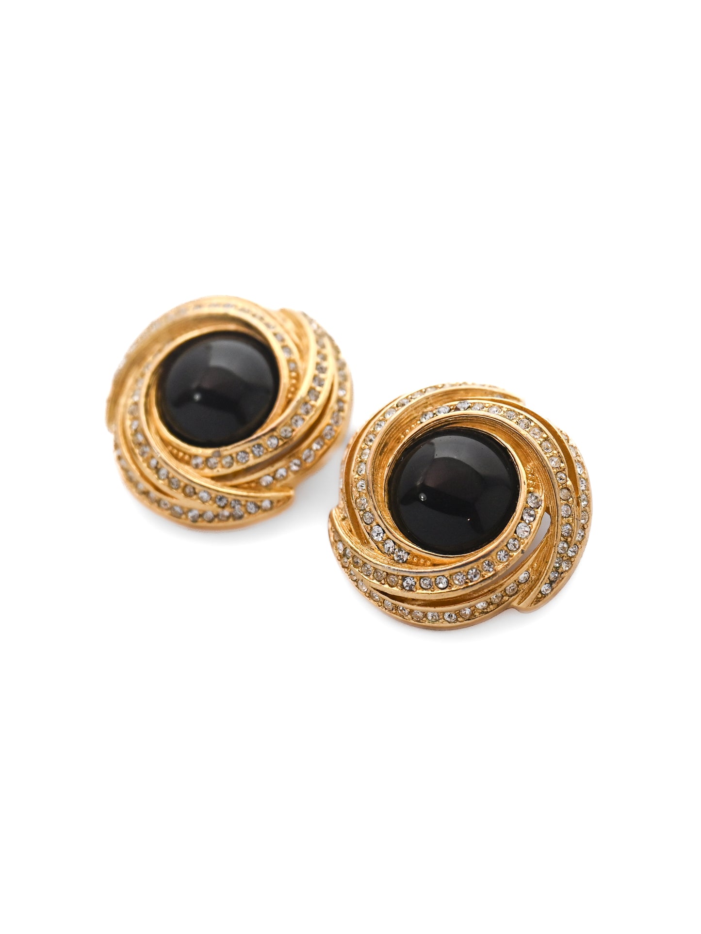 Dior Black Glass Round Swirly Clip Earrings