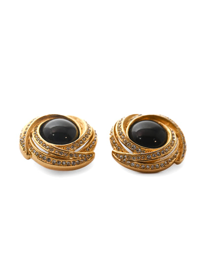 Dior Black Glass Round Swirly Clip Earrings