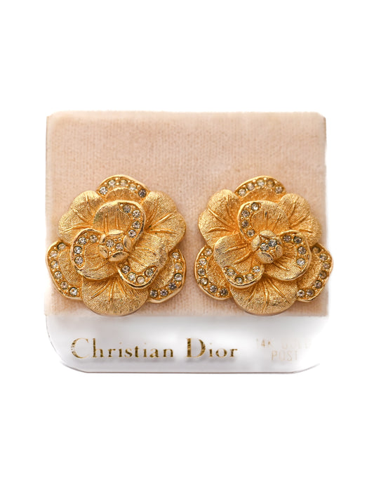 Dior Camellia Flower 14k Gold Post Earrings