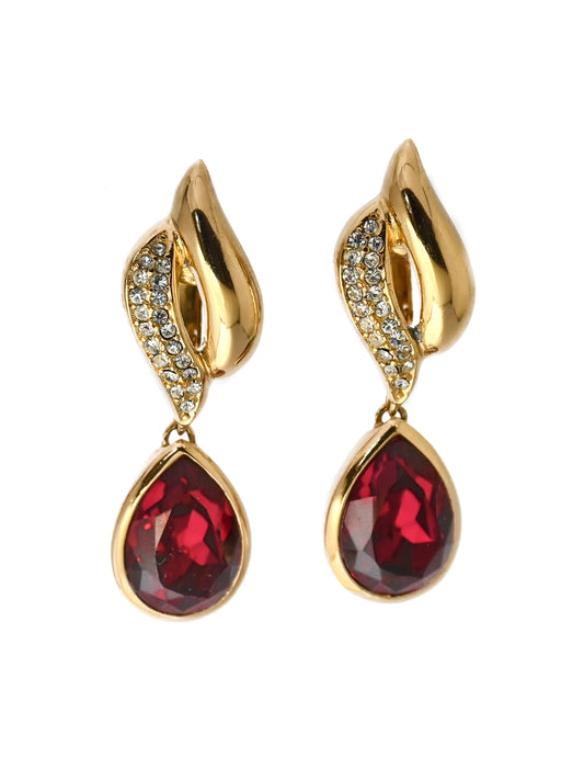 Dior Teardrop Red Stone Drop Clip Earrings