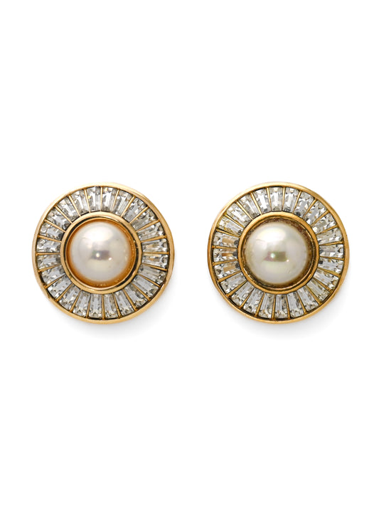 Dior Pearl Trapezoid Stone Round Clip Earrings