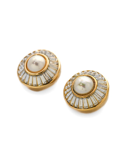 Dior Pearl Trapezoid Stone Round Clip Earrings