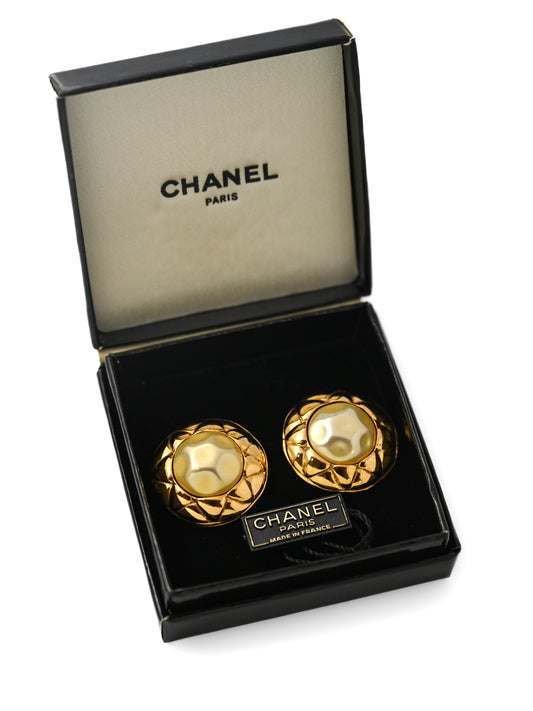 Chanel Pearl Quilted Clip Earrings