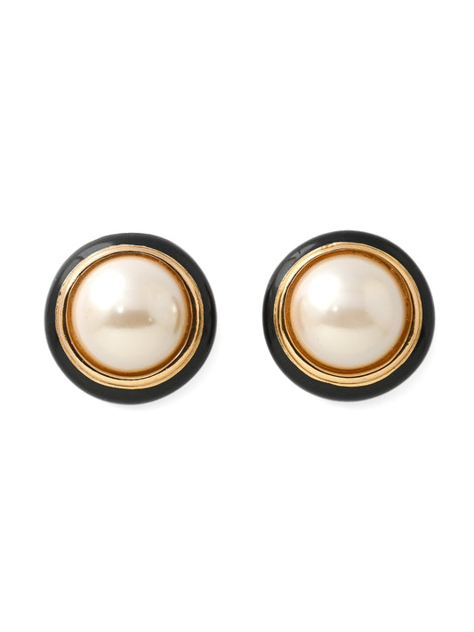 Dior Pearl Black Enamel Round Clip Earrings