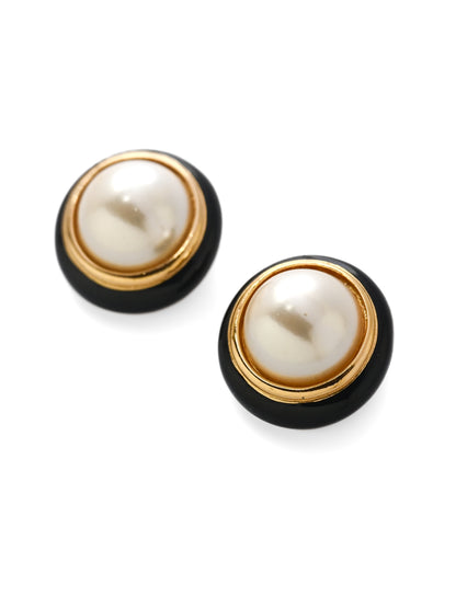 Dior Pearl Black Enamel Round Clip Earrings