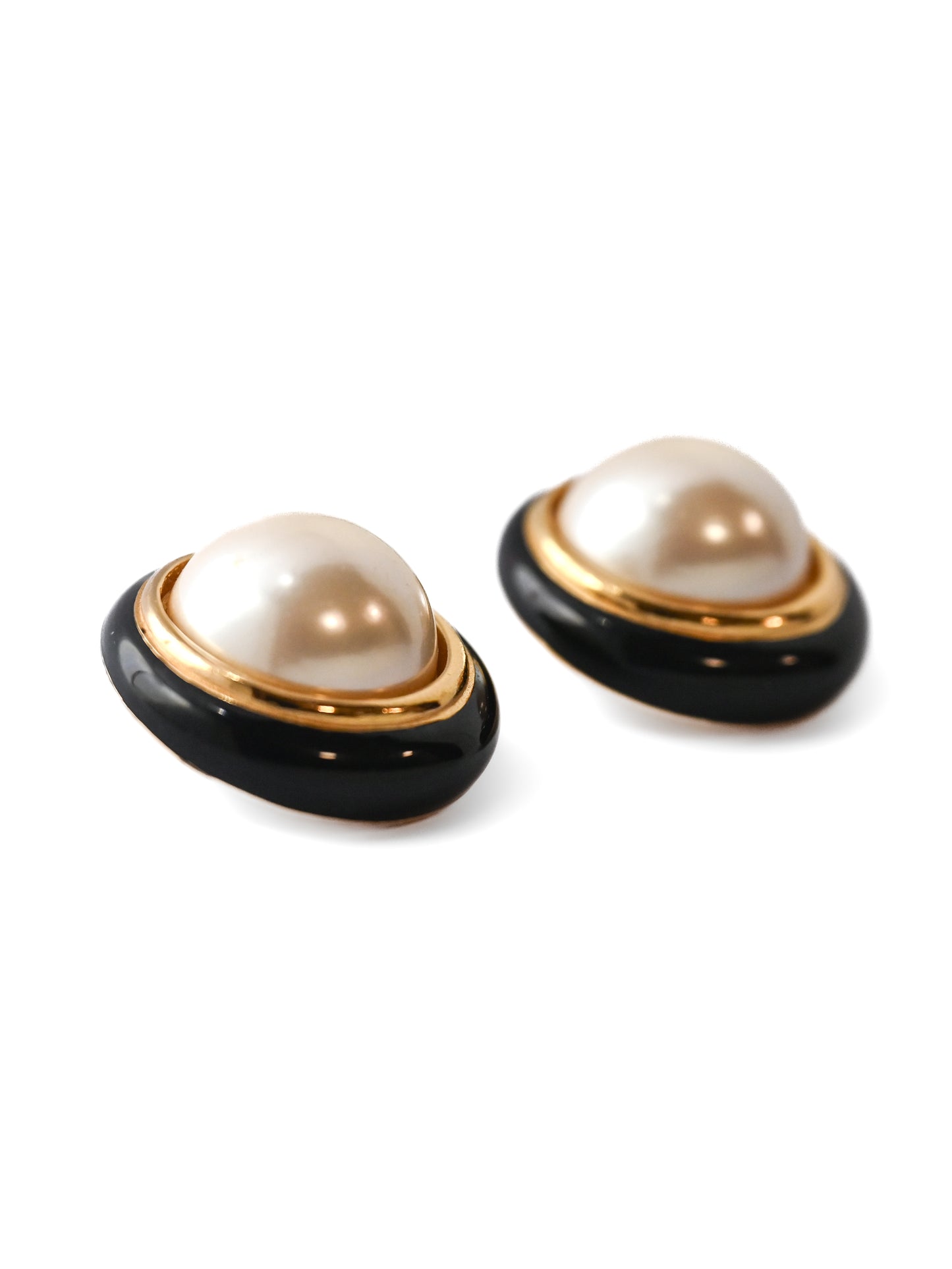 Dior Pearl Black Enamel Round Clip Earrings