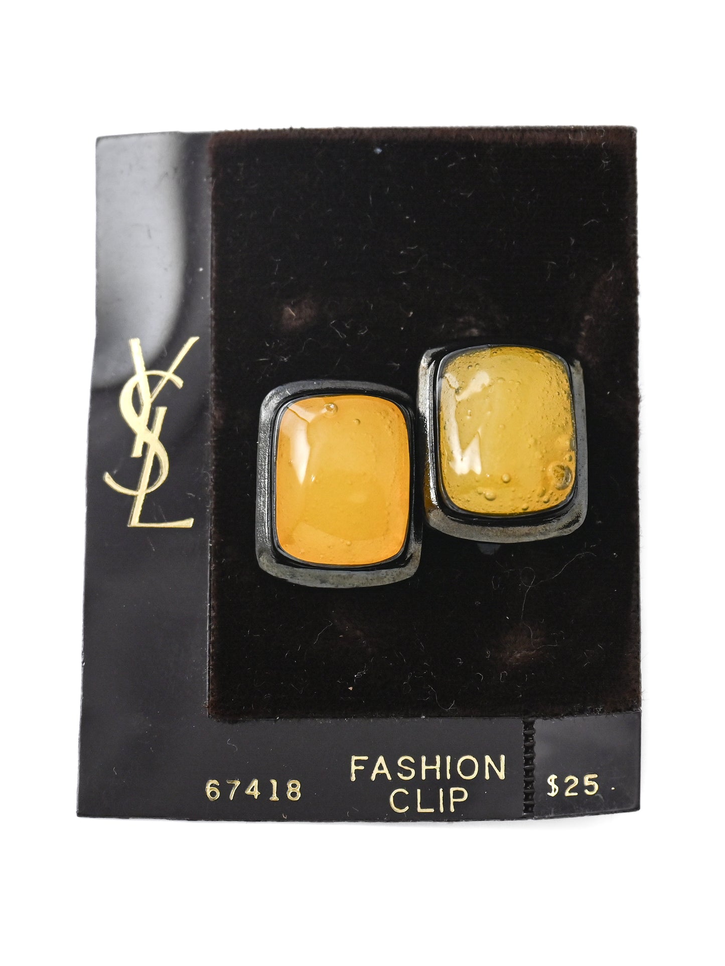 YSL Yellow Poured Glass Cabochon Rectangular Clip Earrings