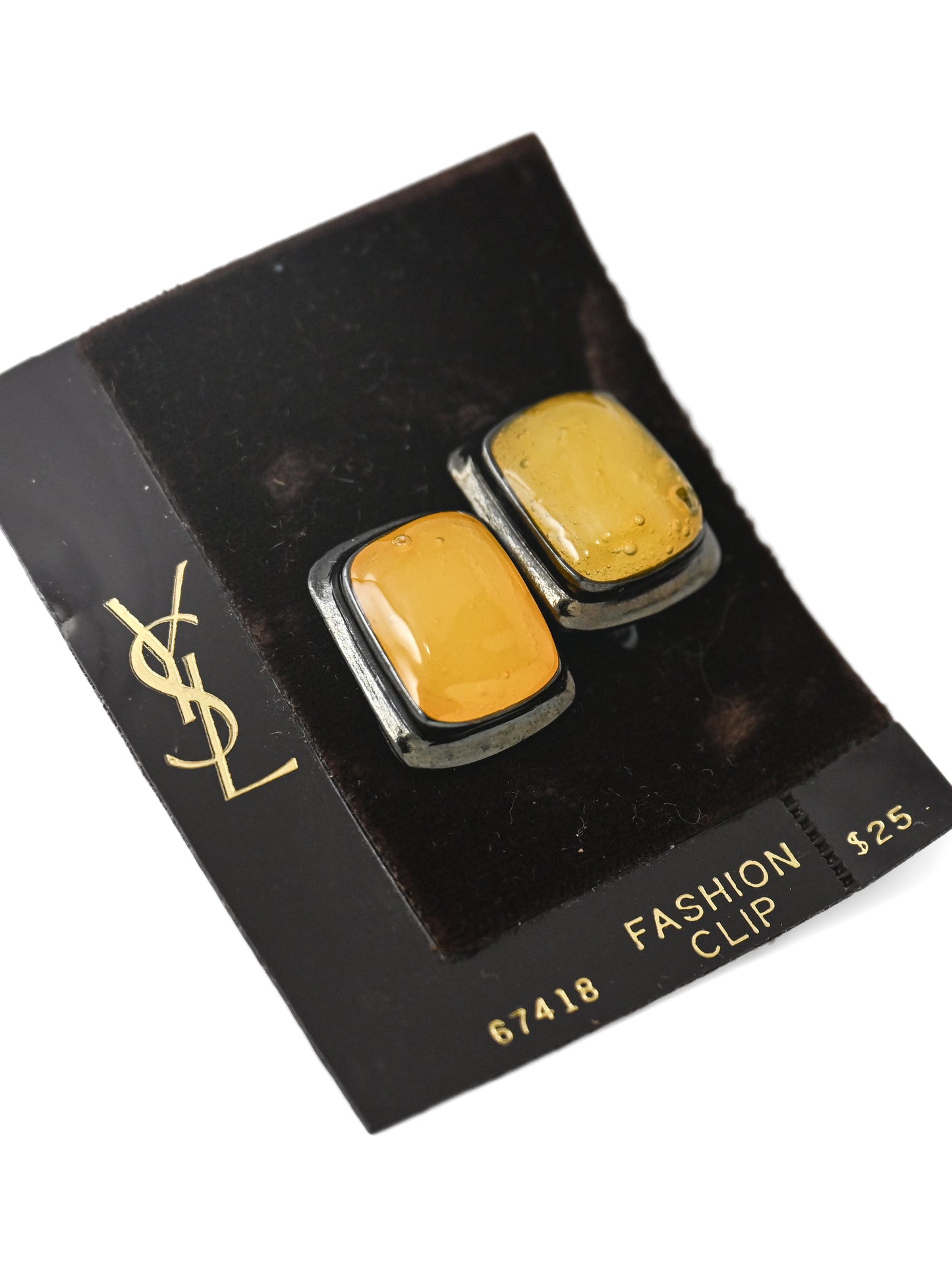 YSL Yellow Poured Glass Cabochon Rectangular Clip Earrings
