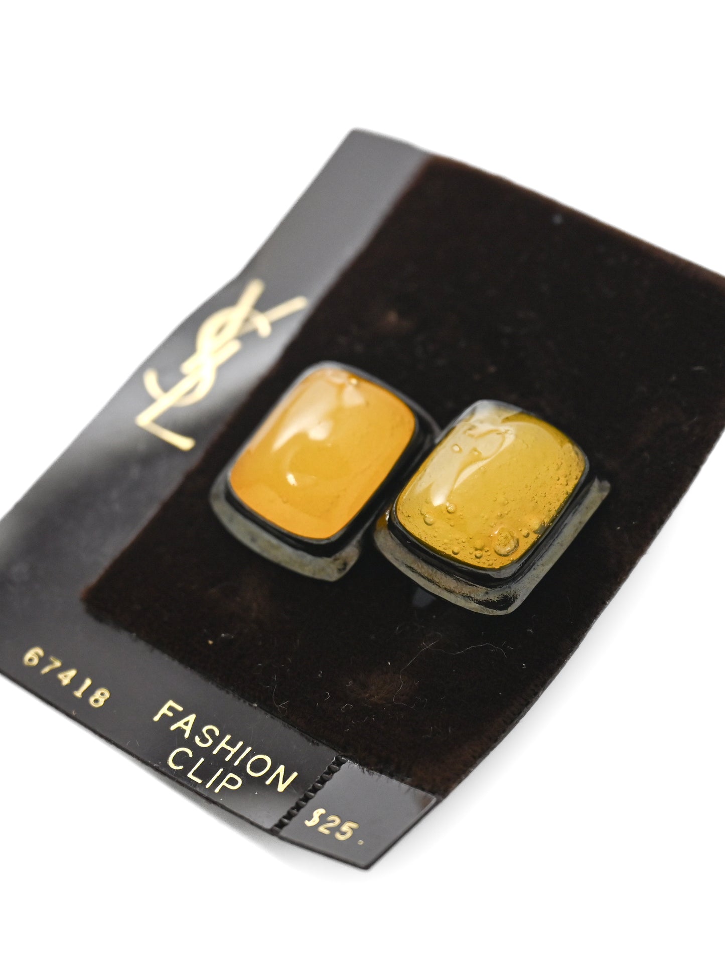 YSL Yellow Poured Glass Cabochon Rectangular Clip Earrings