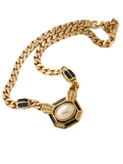 Dior Pearl Black Enamel Herringbone Chain Necklace