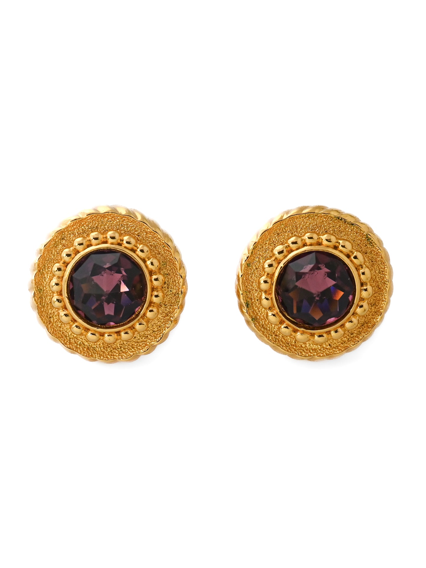 Dior Purple Rhinestone Round 14k Gold Post Earrings