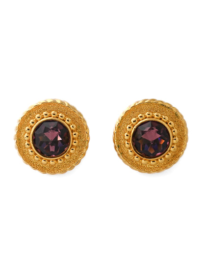 Dior Purple Rhinestone Round 14k Gold Post Earrings