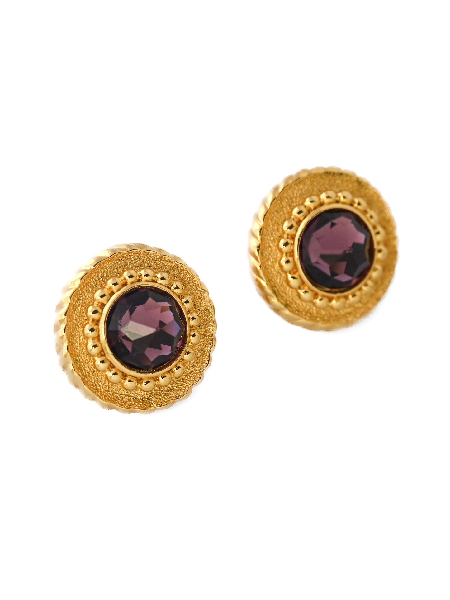 Dior Purple Rhinestone Round 14k Gold Post Earrings