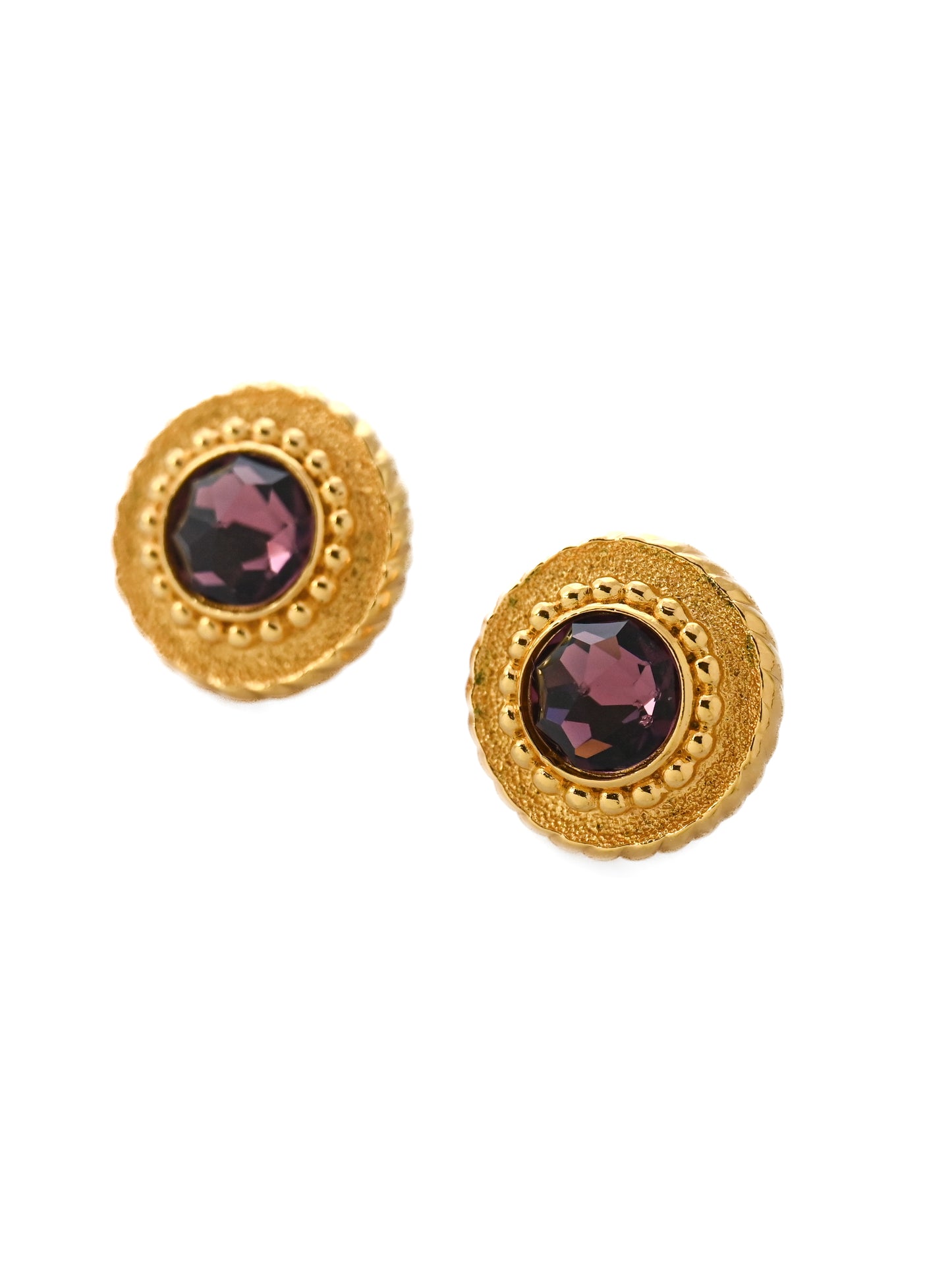 Dior Purple Rhinestone Round 14k Gold Post Earrings