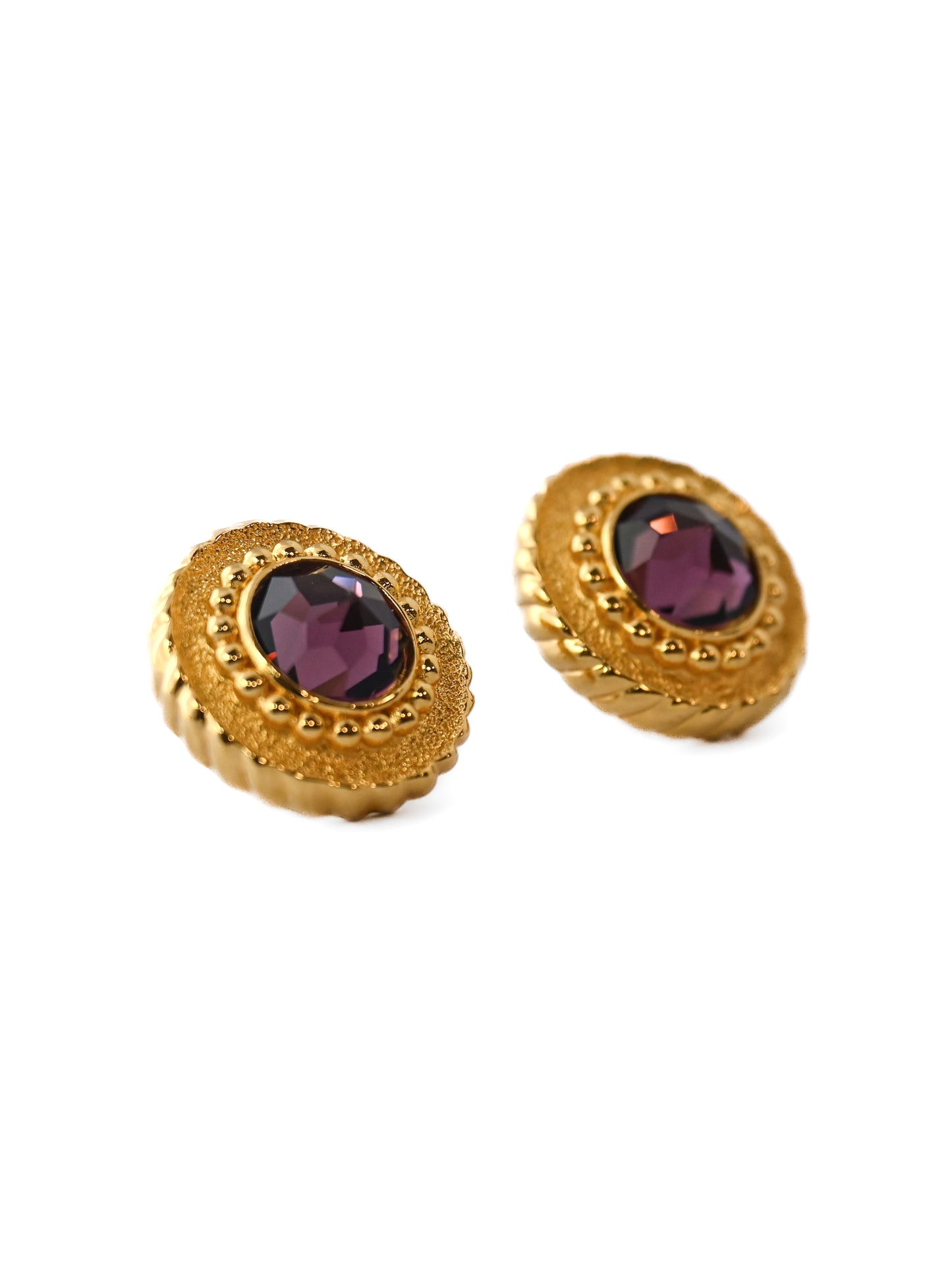 Dior Purple Rhinestone Round 14k Gold Post Earrings
