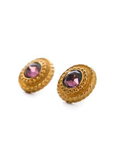 Dior Purple Rhinestone Round 14k Gold Post Earrings
