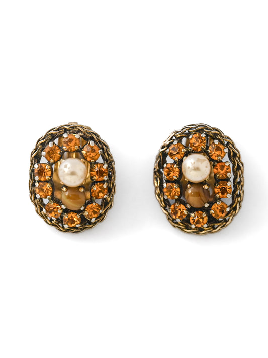 Dior 1962 Orange Rhinestone Glass Pearl Oval Clip Earrings