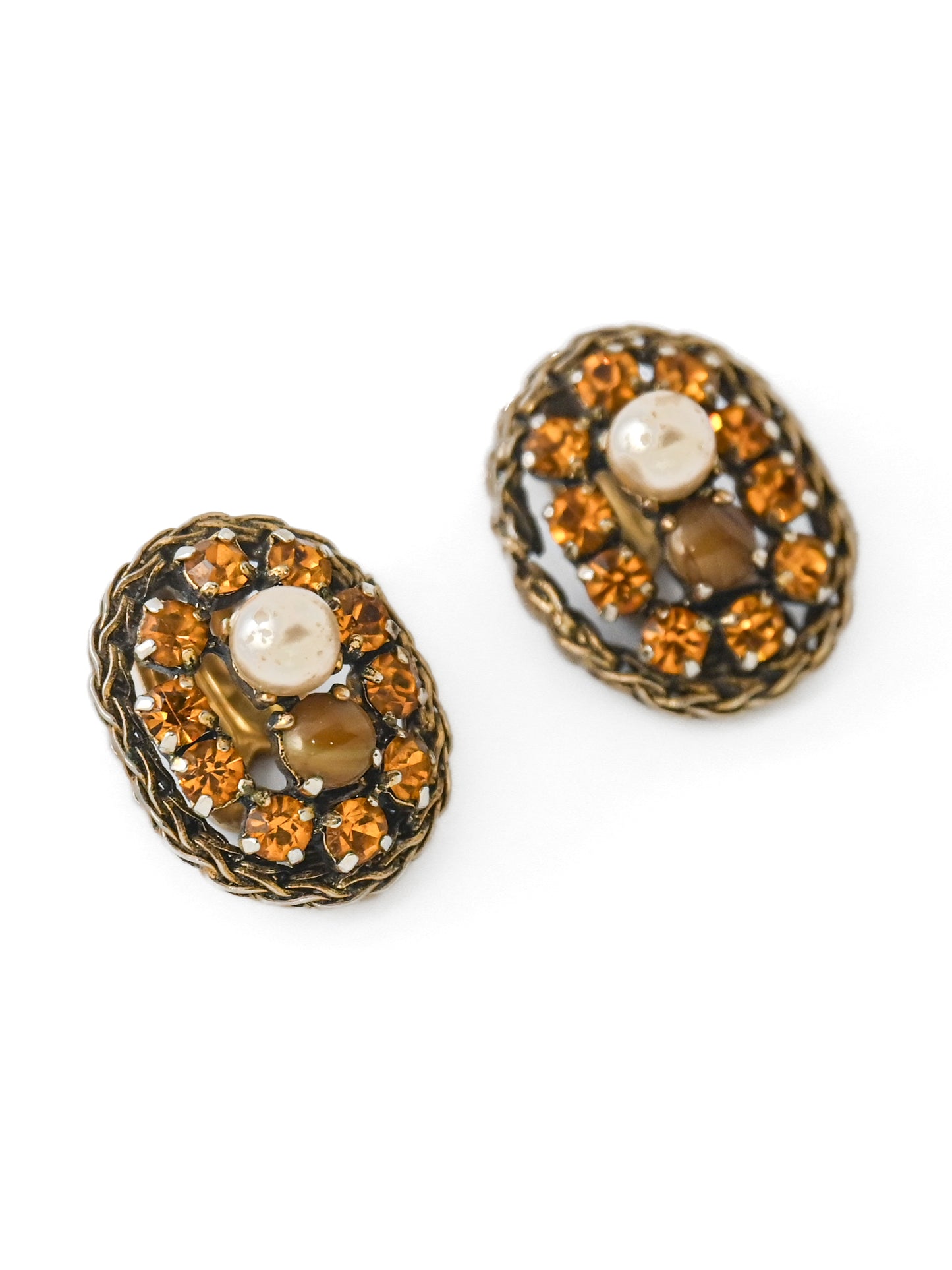 Dior 1962 Orange Rhinestone Glass Pearl Oval Clip Earrings