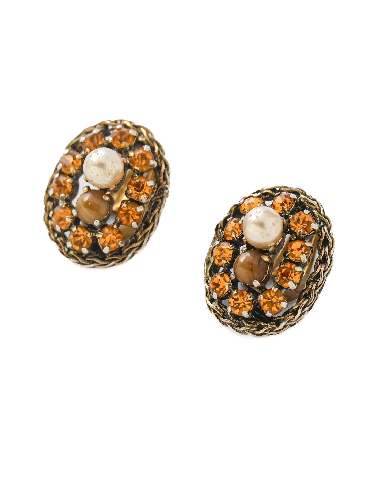 Dior 1962 Orange Rhinestone Glass Pearl Oval Clip Earrings