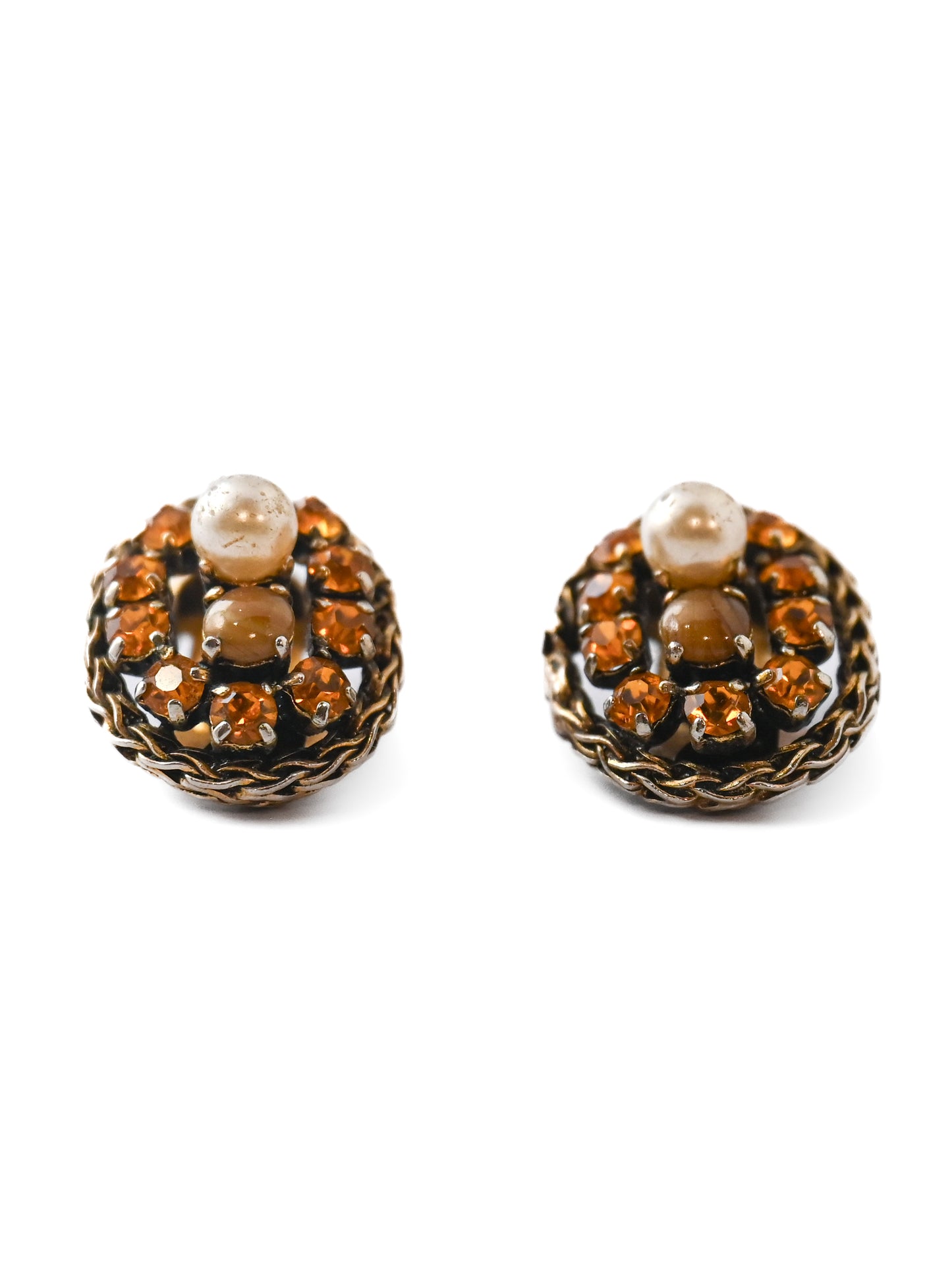 Dior 1962 Orange Rhinestone Glass Pearl Oval Clip Earrings