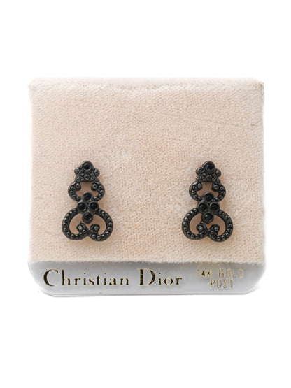 Dior Gothic Black Rhinestone 14k Gold Post Earrings