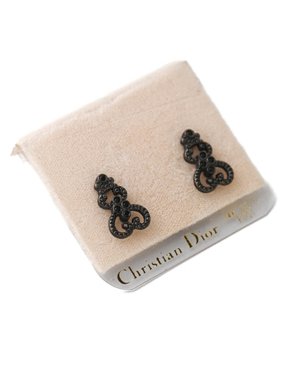Dior Gothic Black Rhinestone 14k Gold Post Earrings