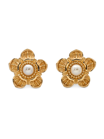 Dior Sakura Flower Pearl 14k Gold Post Earrings
