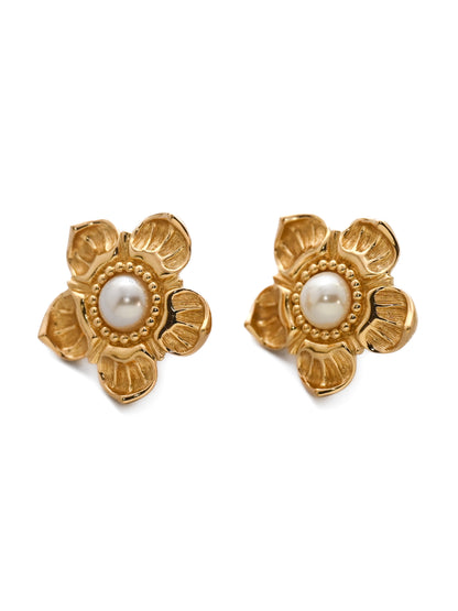 Dior Sakura Flower Pearl 14k Gold Post Earrings