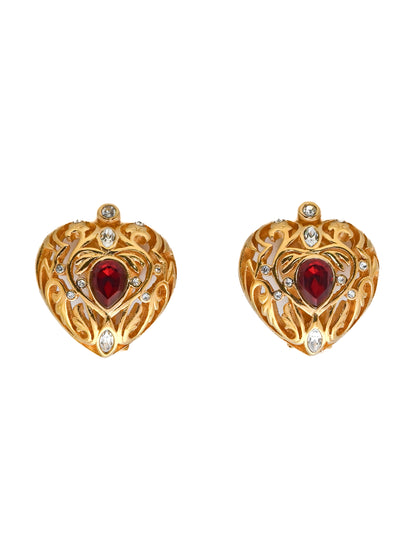 Dior Heart Red Rhinestone Clip Earrings