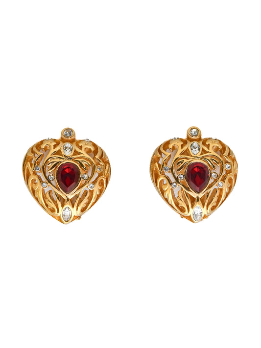 Dior Heart Red Rhinestone Clip Earrings