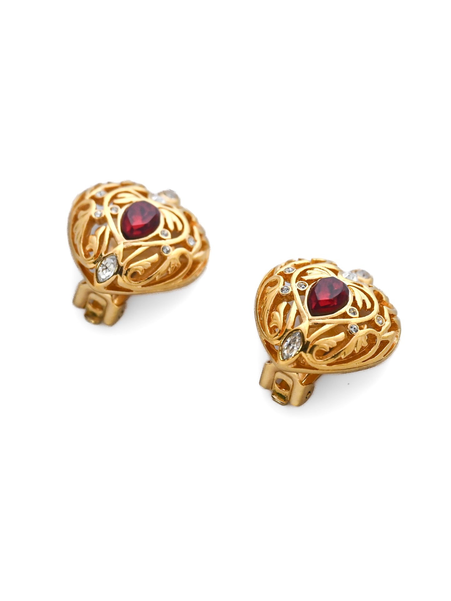 Dior Heart Red Rhinestone Clip Earrings
