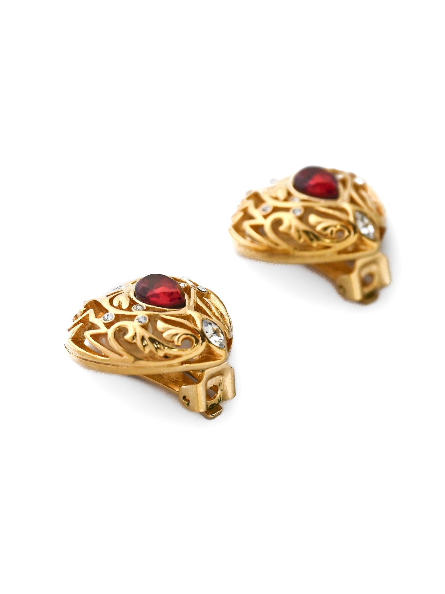 Dior Heart Red Rhinestone Clip Earrings