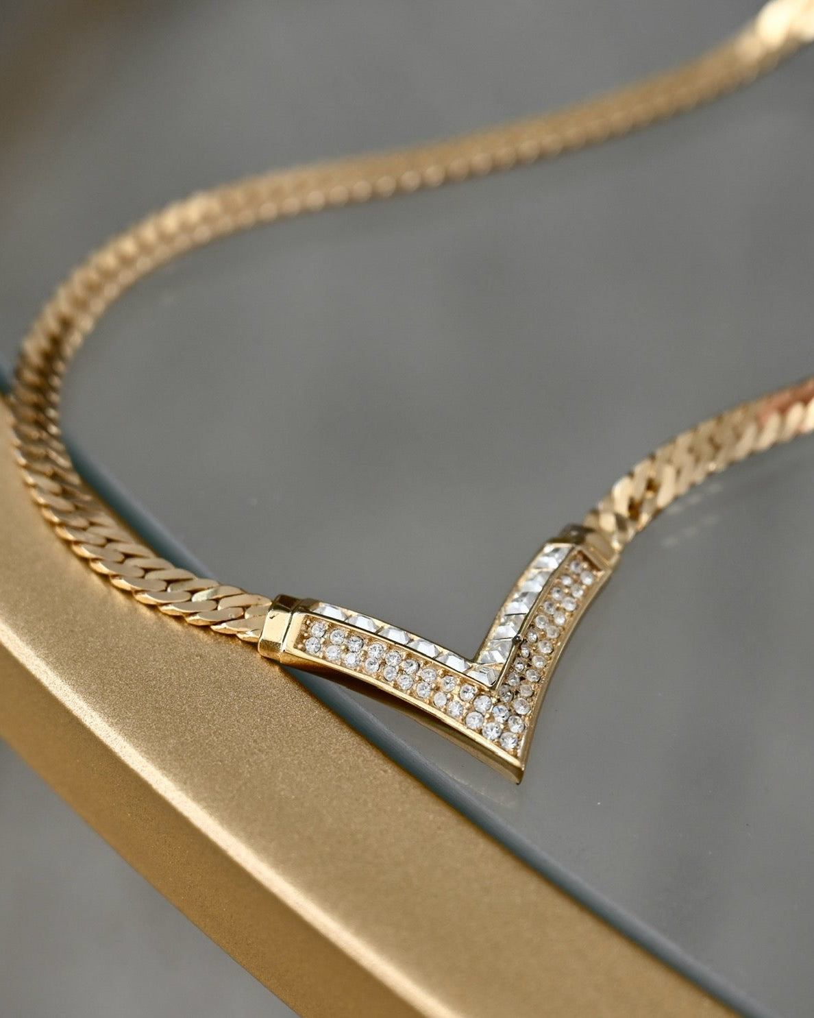 Vintage Christian Dior "V" Shape Square Clear Rhinestone Gold-Tone Chain Necklace