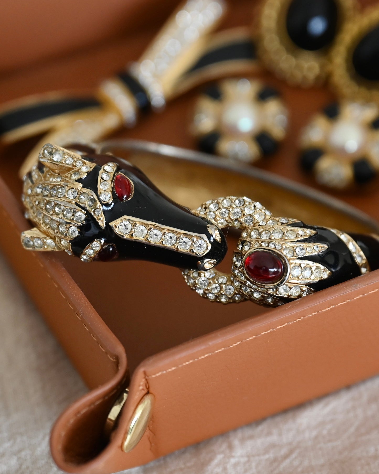 Vintage Ciner "Scultural Animal Head" Collection Horse Red Poured Glass Cabochon Black Enamel Rhinestone Pavé Bangle