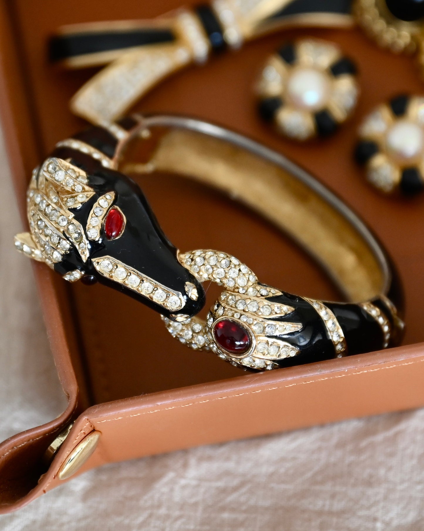 Vintage Ciner "Scultural Animal Head" Collection Horse Red Poured Glass Cabochon Black Enamel Rhinestone Pavé Bangle