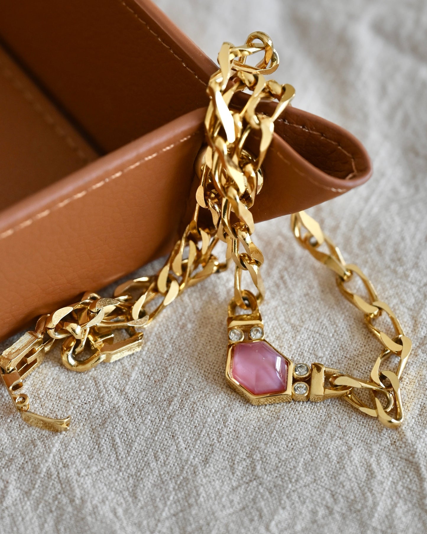 Vintage Givenchy Sugarloaf-Cut Hexagon Pink Resin Cabochon Gold-Tone Chain Necklace