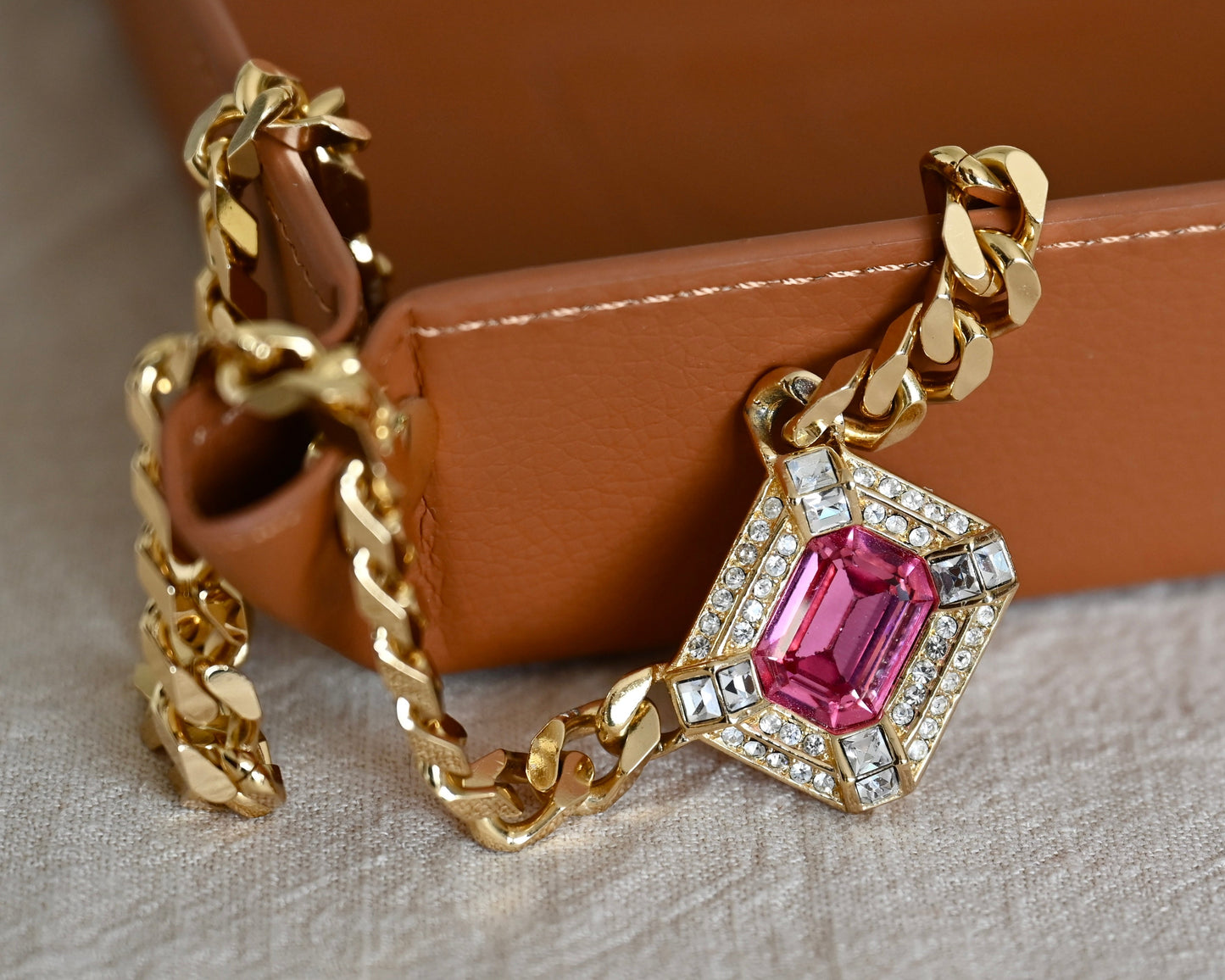Vintage Christian Dior Rectangular Pink Rhinestone Gold-Tone Herringbone Chain Necklace